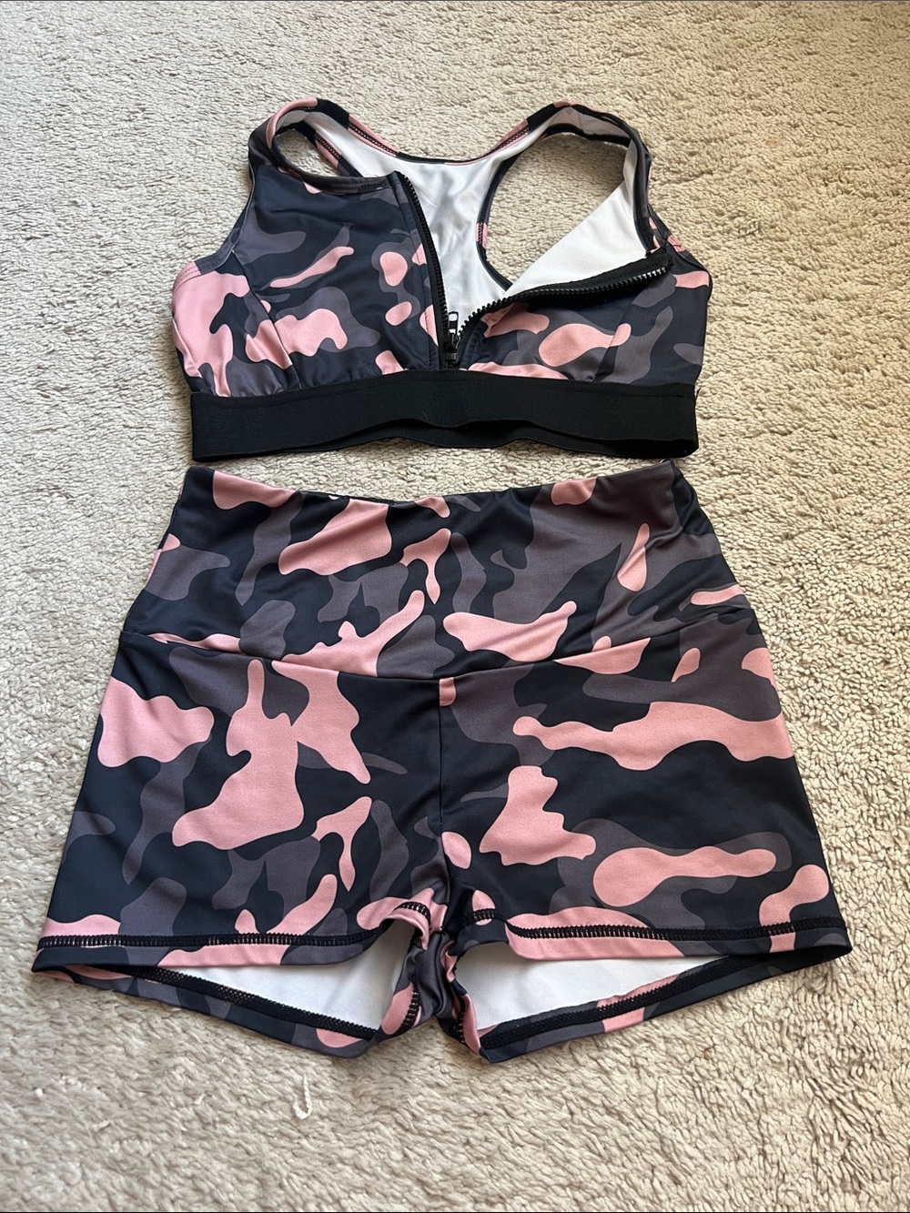 Pink & Black Camo Zip Sports Bra and- Shorts Set
